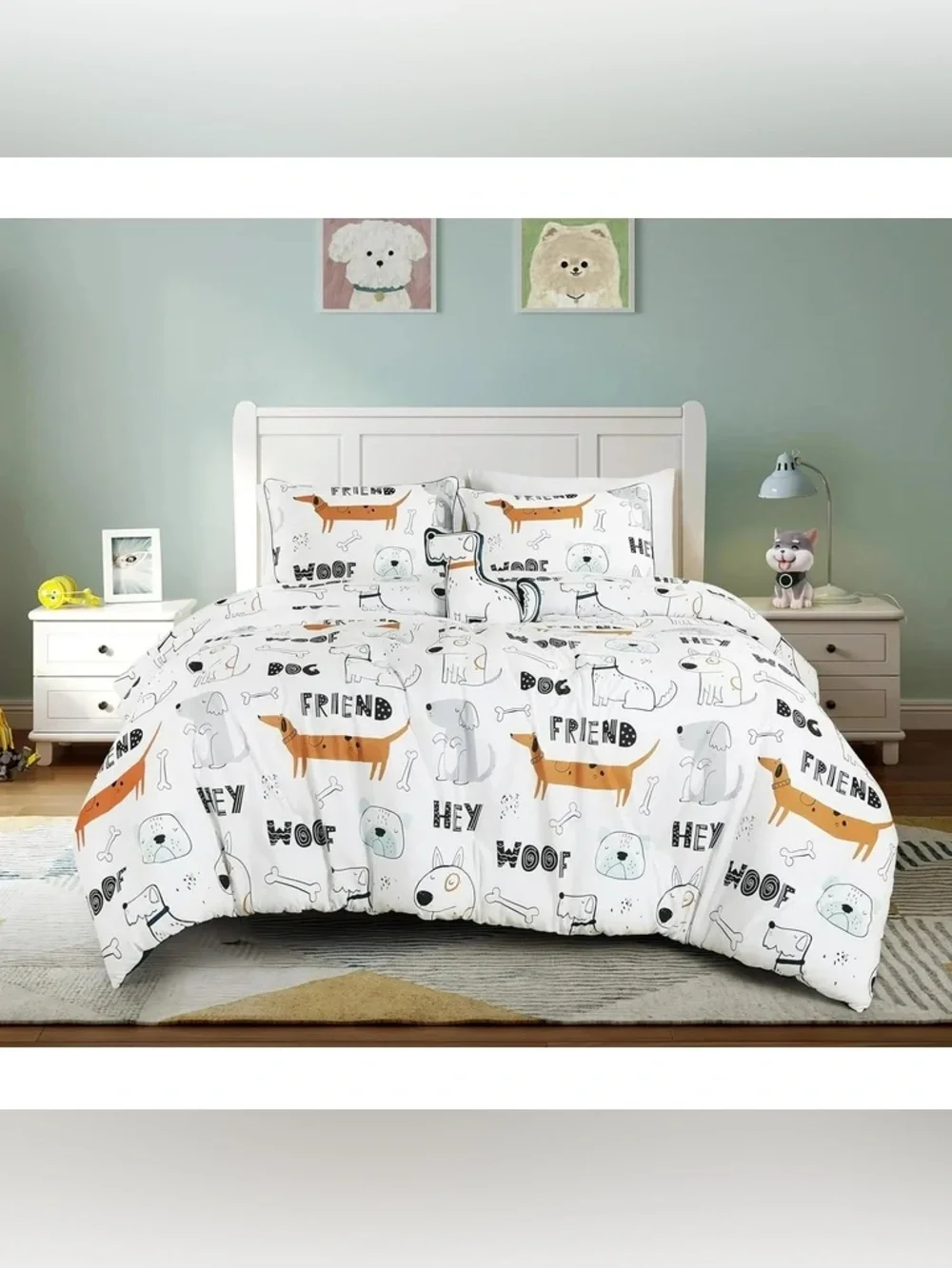 Dog Print Full/Queen 3 piece Comforter Set in White and Tan